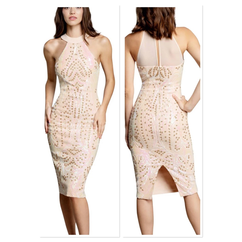 Dress the Population Kiana Sequin Sheath Midi Halter Dress Pearl Gold Formal S